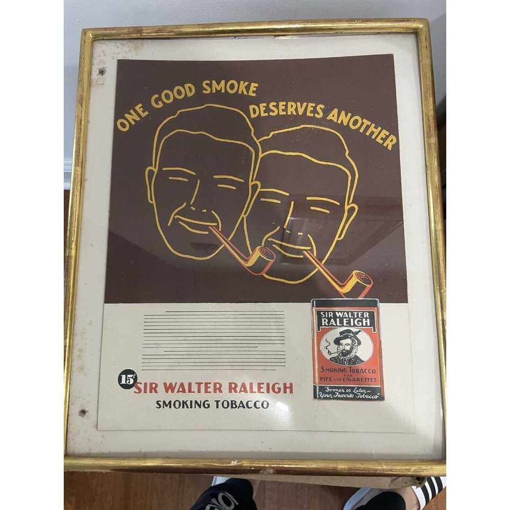VERY  RARE Vintage Sir Walter Raleigh Tobacco Cardboard Advertising Sign Framed
